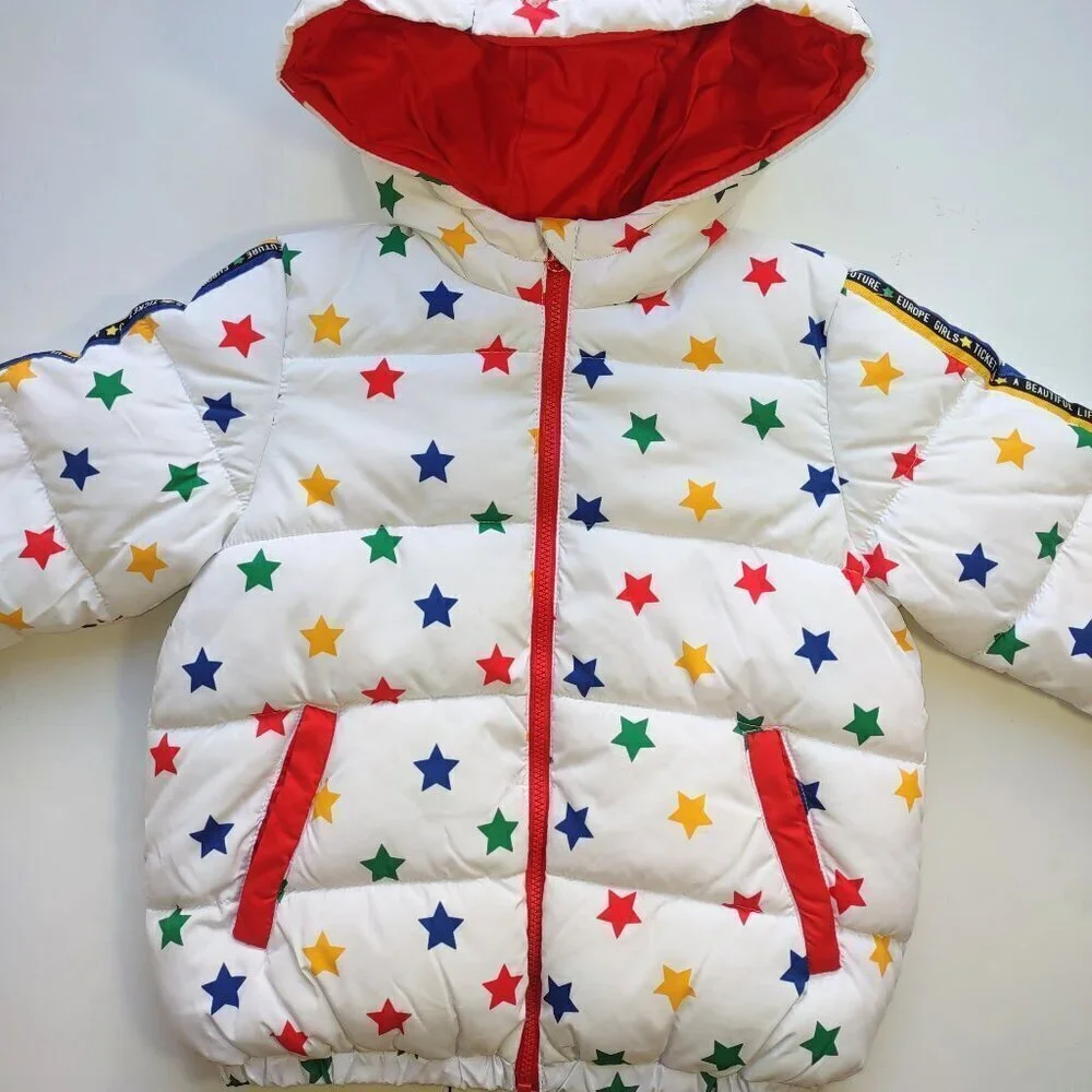 United Colors Benetton Girl's Puffer Jacket Full Zip Multicolor Stars Sz 3-4 Yrs
